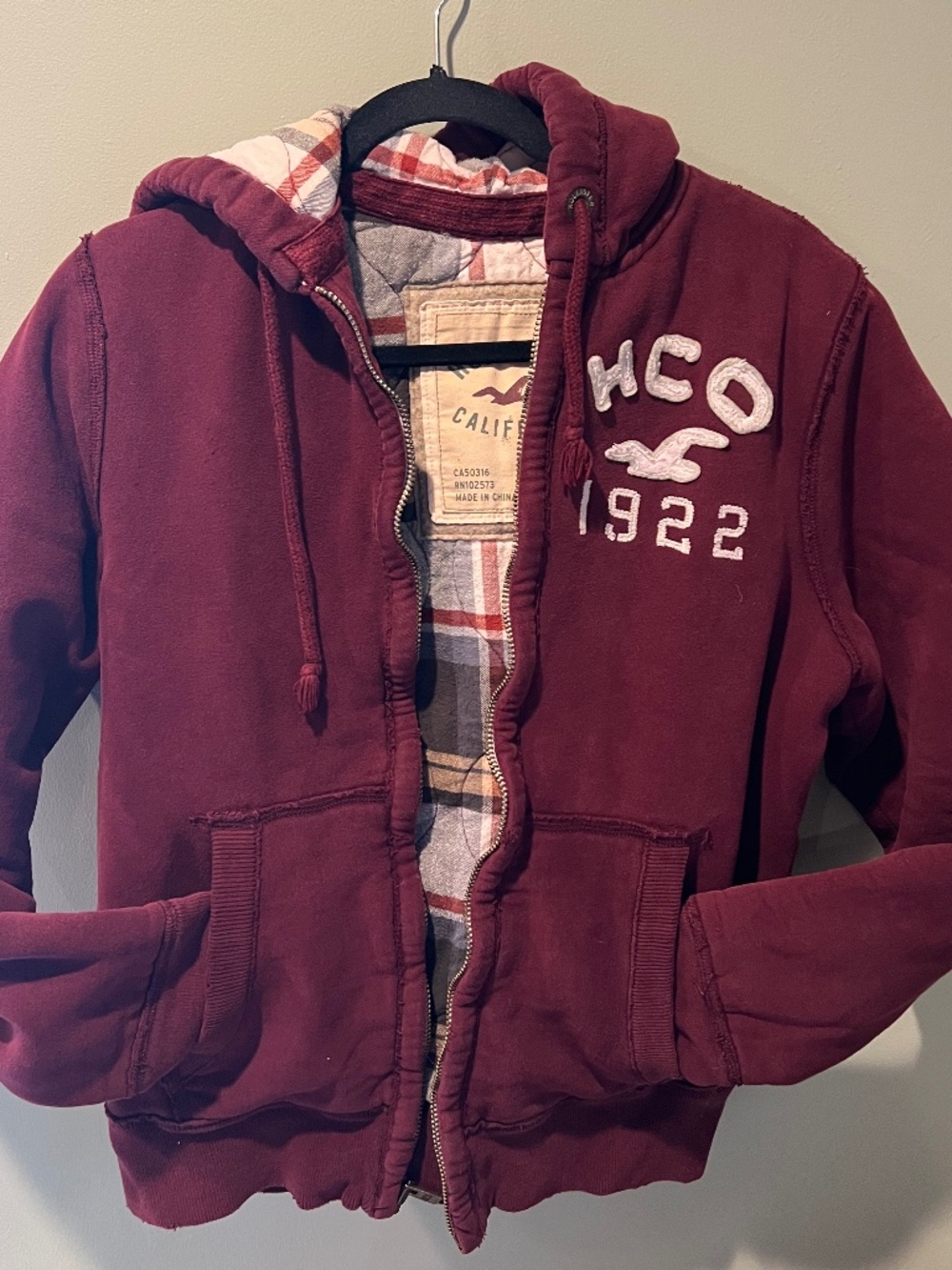 Hollister California Lined Zip Up Hoodie Maroon Size S